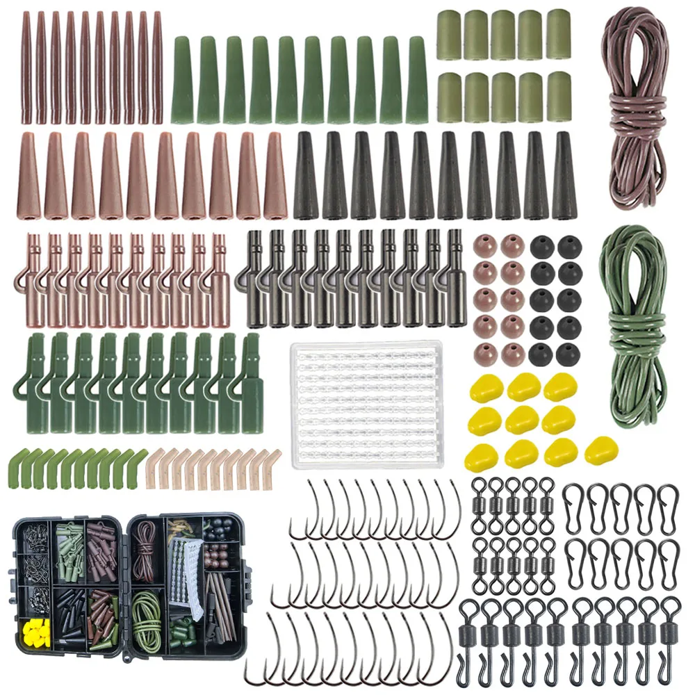 Kit pesca carpa con caja accesorios, conectores giratorios y anzuelos