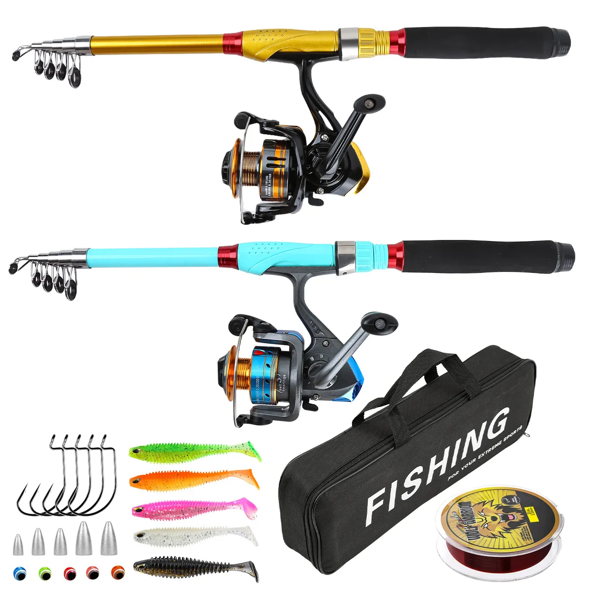 Kit de pesca con caña telescópica, carrete y señuelos duros y blandos