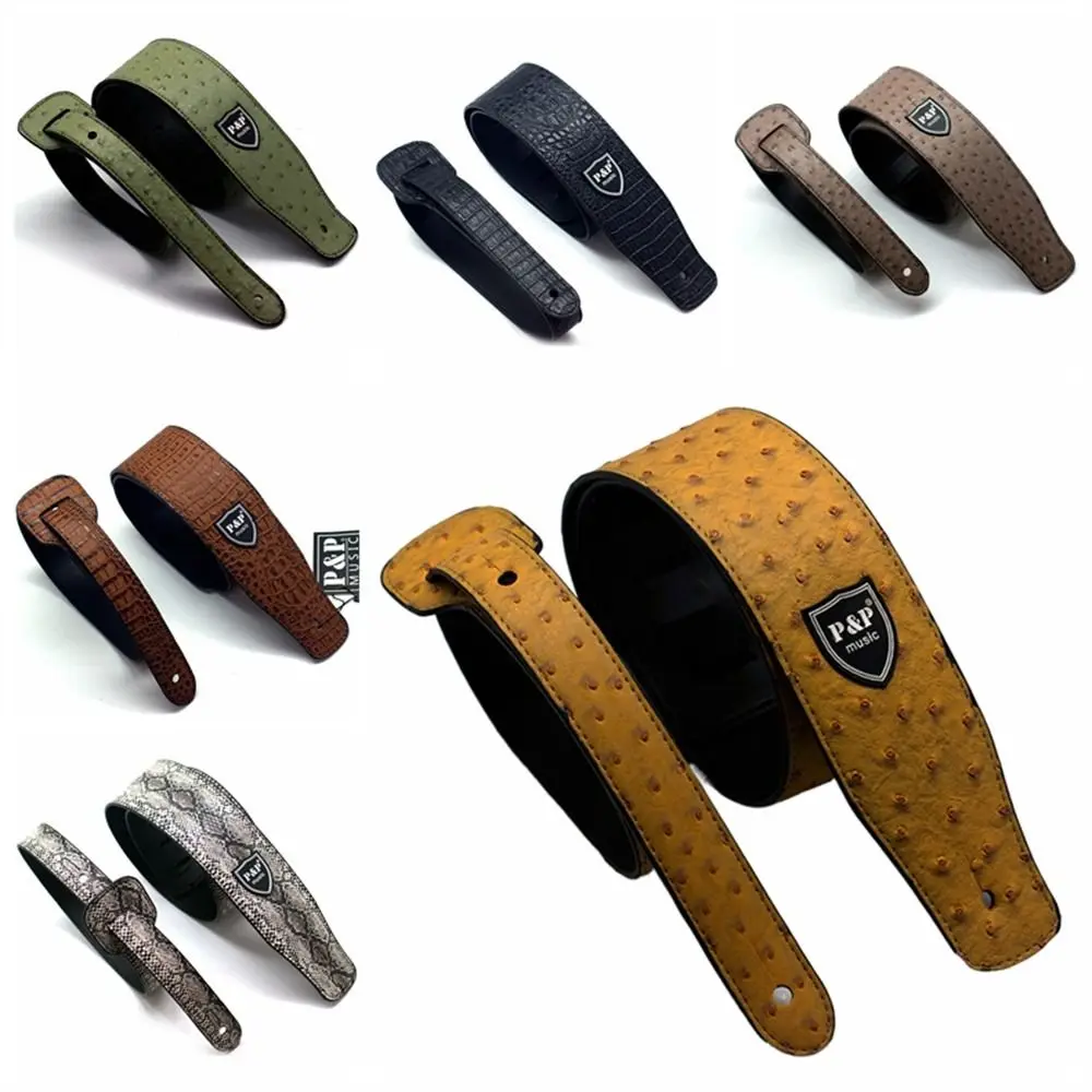Correa de guitarra de cuero PU con relieve de piel de serpiente en color negro