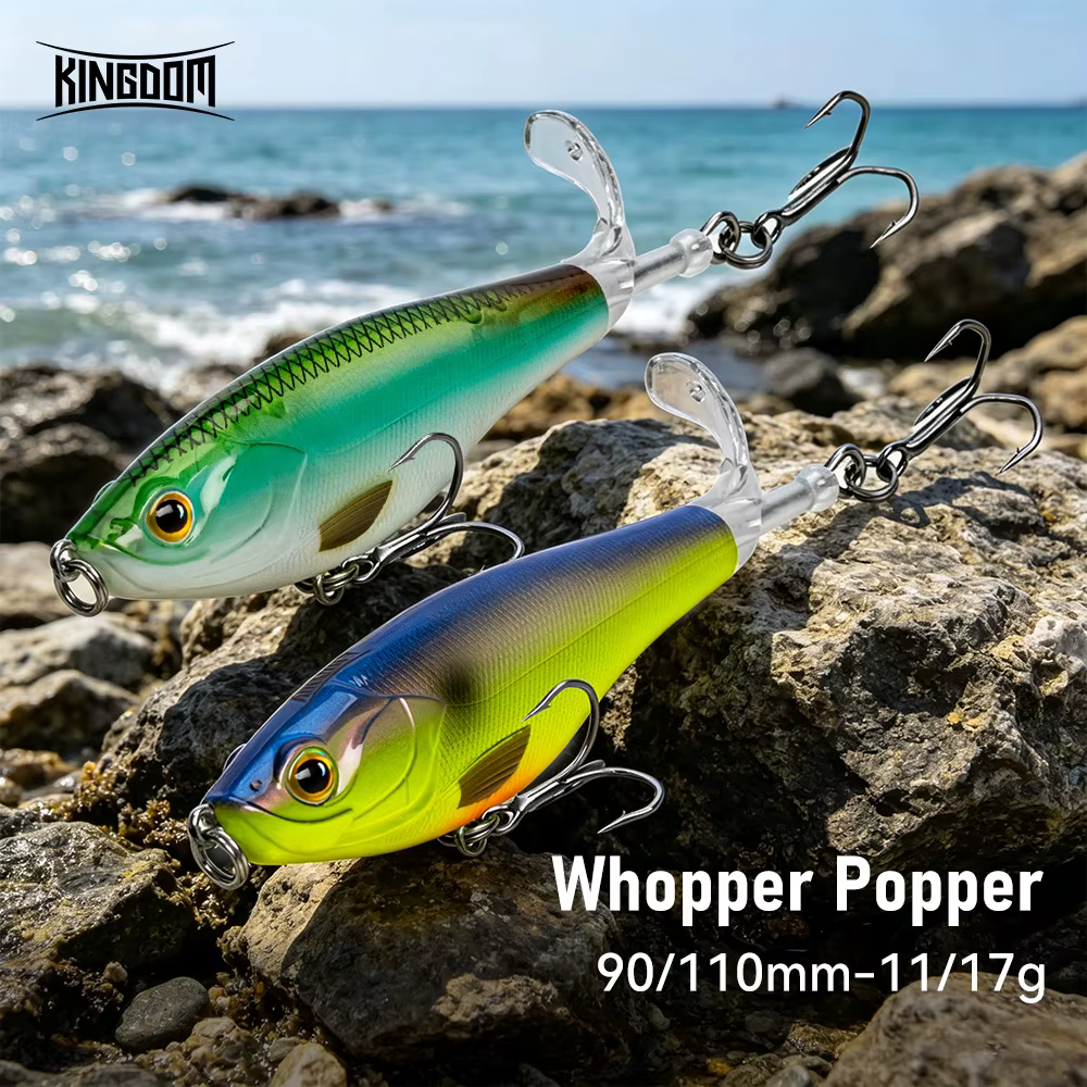 KINGDOM Topwater Plopper con hélice y cola giratoria para lubina