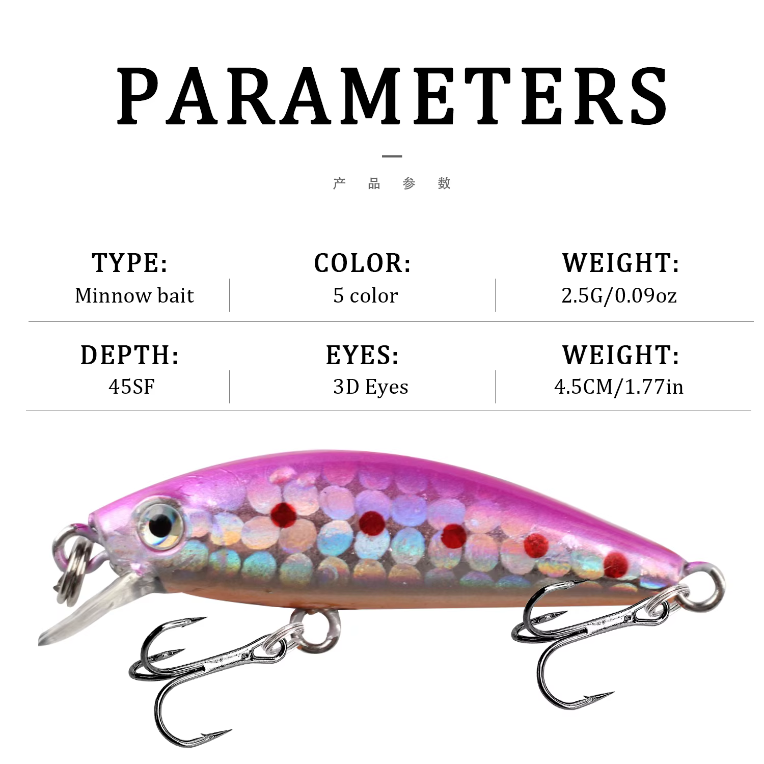 Señuelo junto a una regla de 4,5 cm para referencia de tamaño