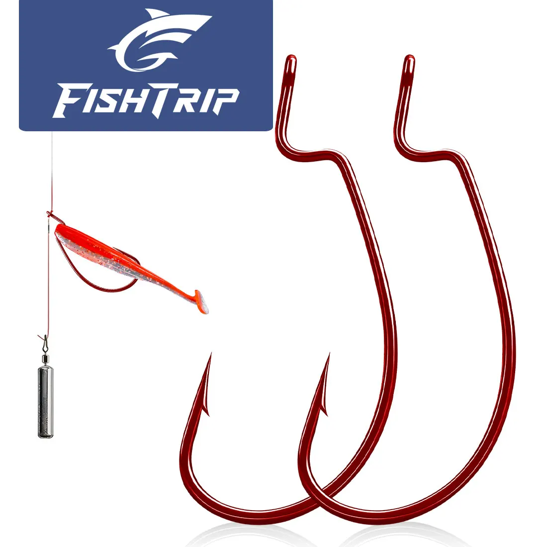 Anzuelos EWG offset rojos de acero alto carbono FishTrip para vinilo