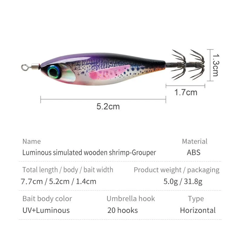 Jig EGI luminoso para calamar tipo gamba con gancho