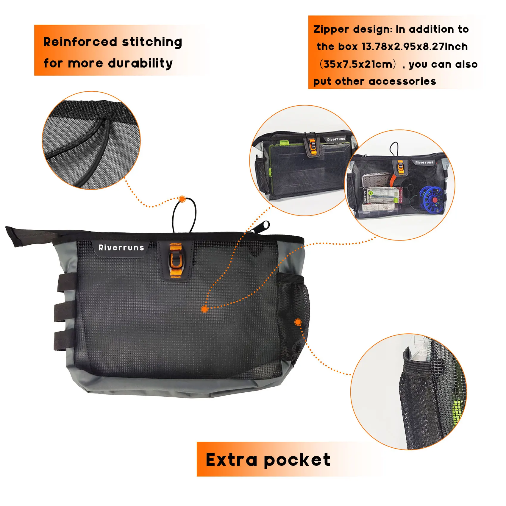 Bolsa de malla impermeable con compartimento principal y bolsillo lateral