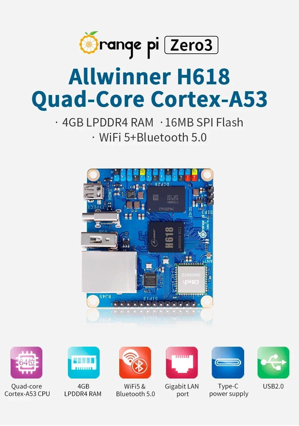 Placa de desarrollo Orange Pi Zero 3 en detalle