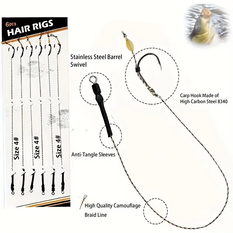 Carp fishing hair rig con anzuelo curvo de acero al carbono