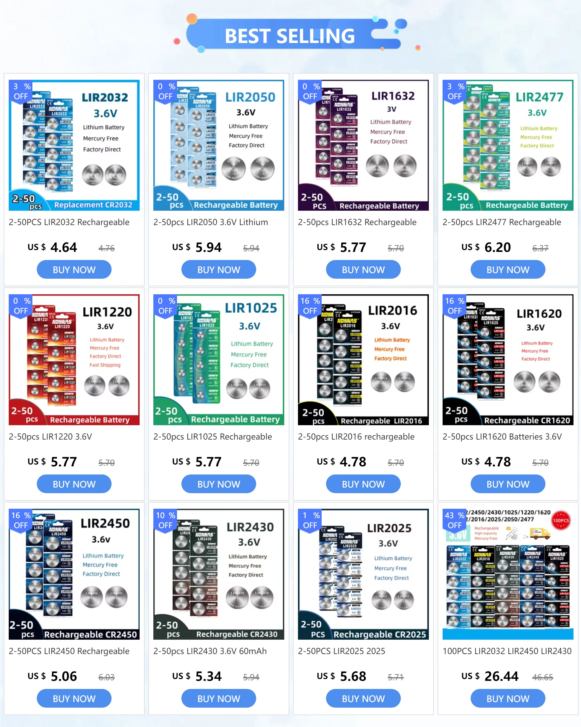 Batería LIR2050 3,6 V celda botón recargable
