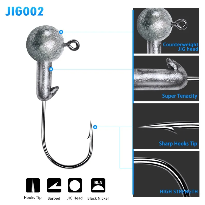 Anzuelos Jig Head de acero carbono con plomo redondo y púas