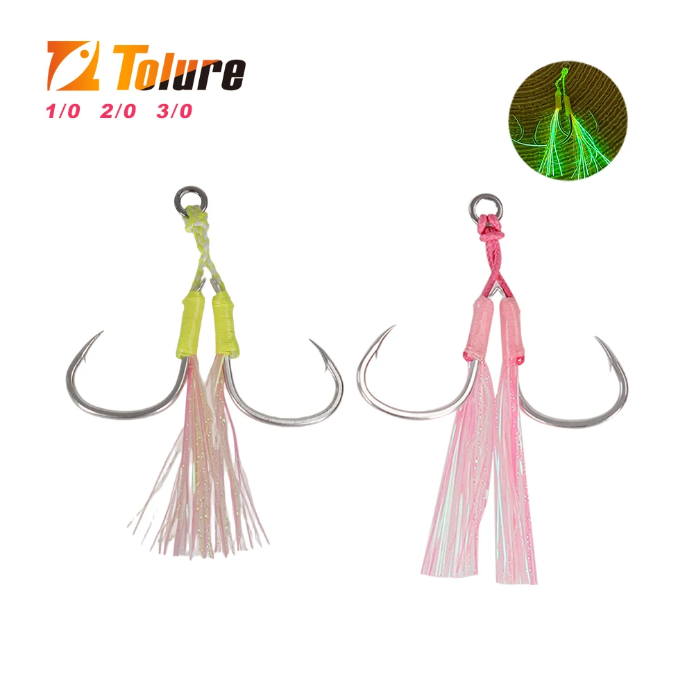 Anzuelos dobles TOLU con púas, hilo y plumas – para jigging lento