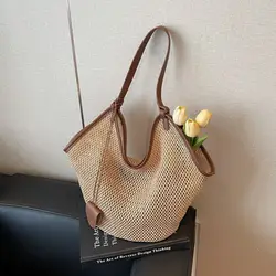Bolso de playa tejido de paja con diseño hueco y gran capacidad