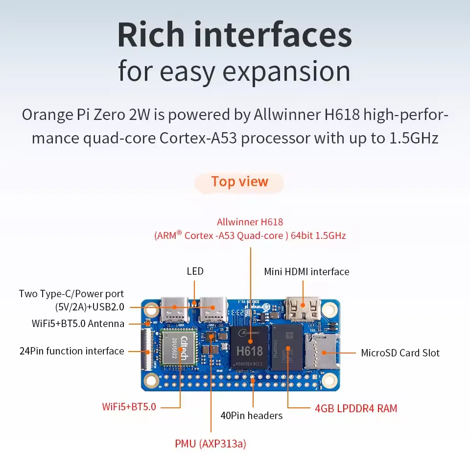 Orange Pi Zero 2W Mini PC SBC WiFi Bluetooth H618 - imagen 3