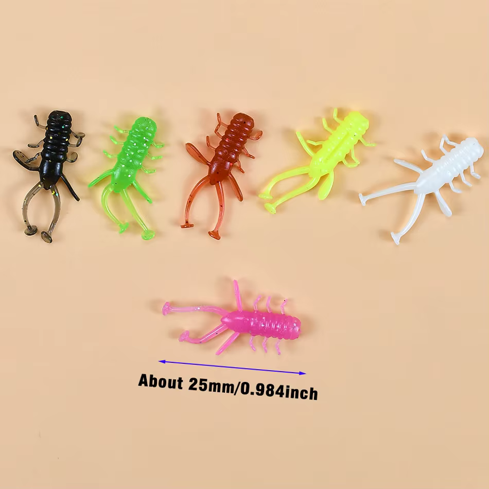 Detalle de los señuelos flexibles con forma de insecto