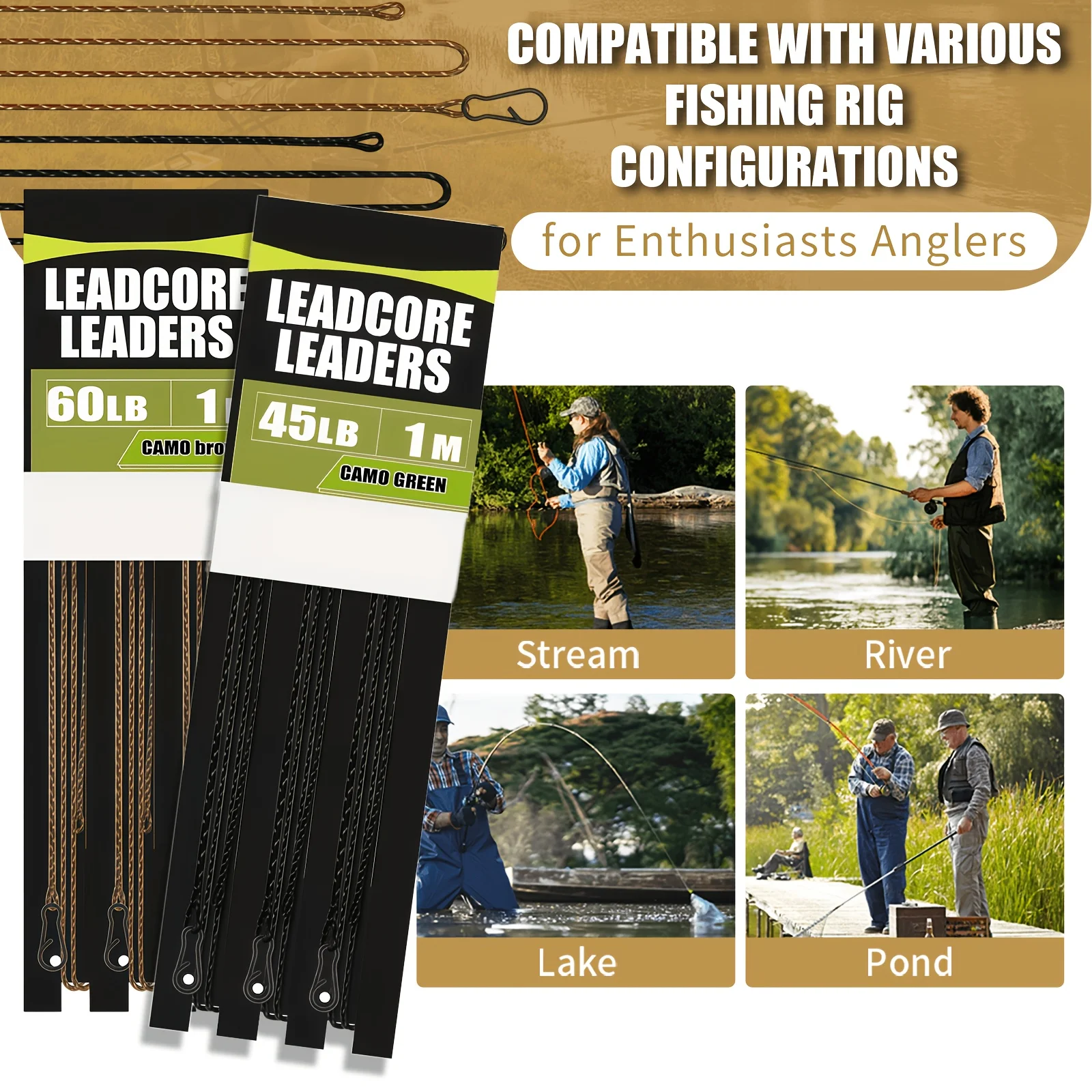 Línea leadcore para carpa camuflaje verde/marrón con aparejos - imagen 3