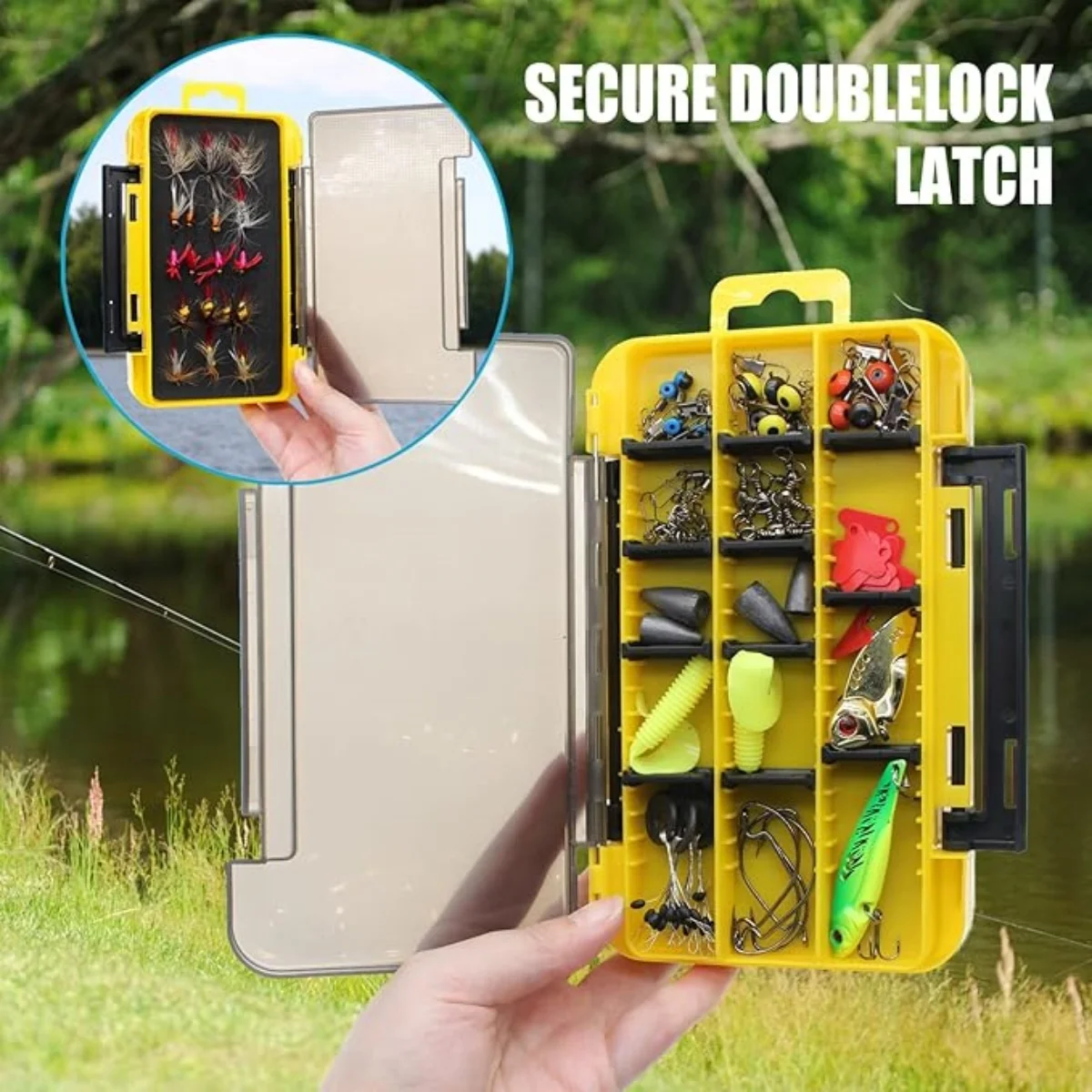 Caja de almacenamiento de accesorios para pesca vista frontal