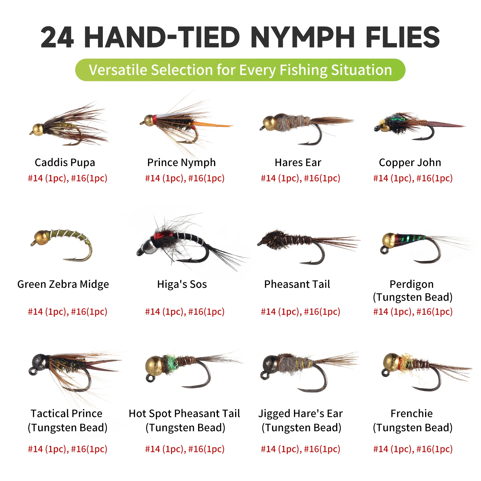 Maxcatch kit de moscas nymph atadas a mano, caja portátil