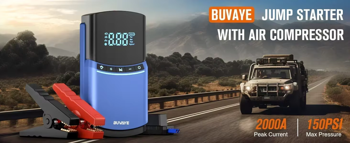 Arrancador de coches BUVAYE 2000A con compresor de aire integrado