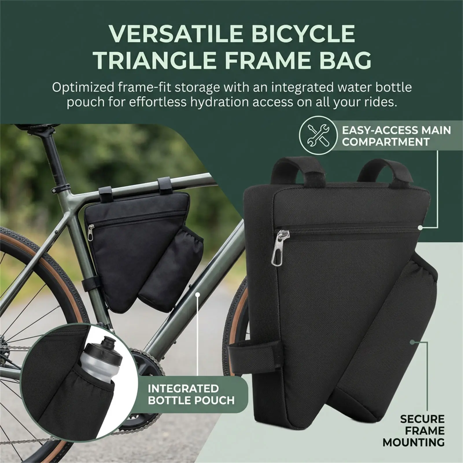 Bolsa triangular bicicleta con funda para botella y accesorios