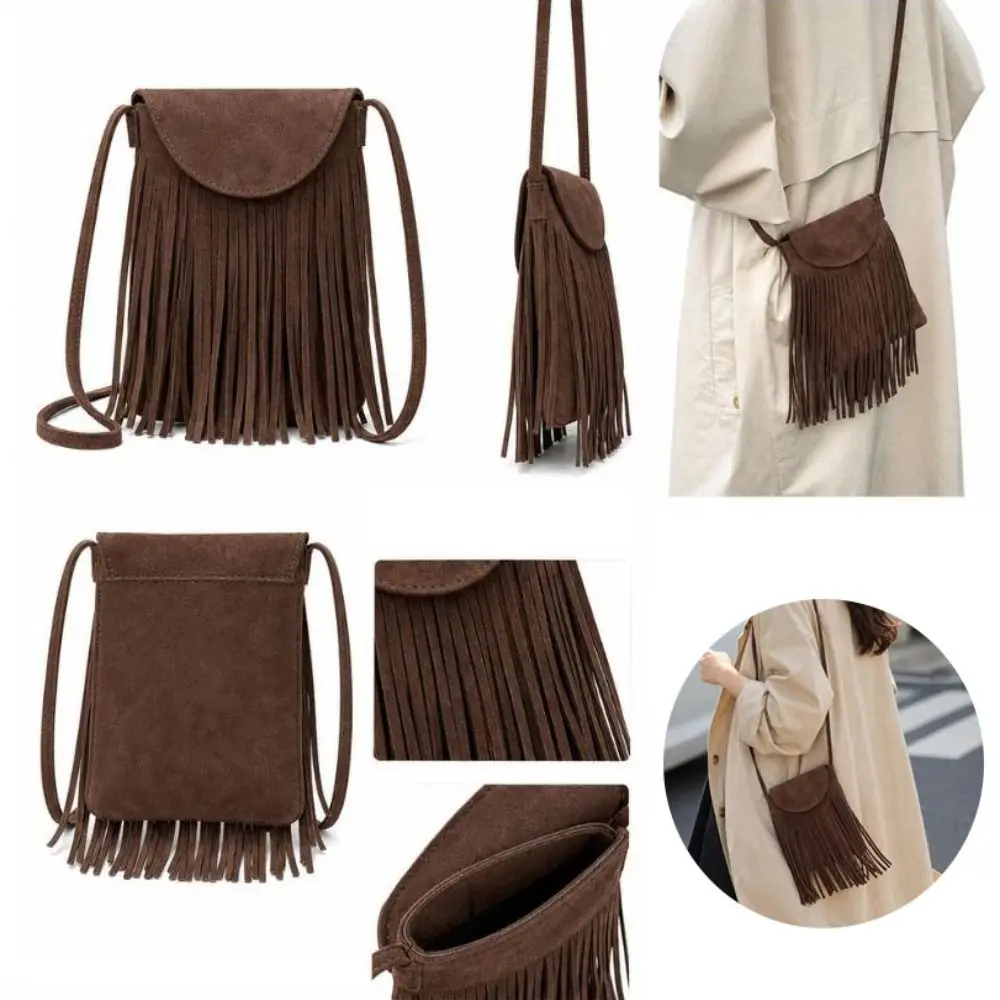 Bolso bandolera PU con borlas y cierre magnético, ante cuadrado - imagen 2