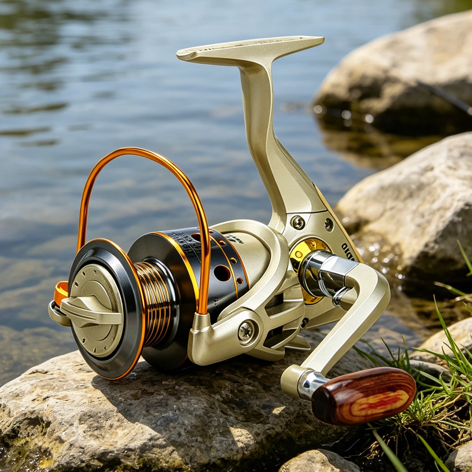 Carrete de spinning FREE FISHER con mango de madera y bobina metálica - imagen 5