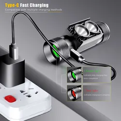 Linterna frontal LED recargable USB Tipo-C con luz blanca y azul