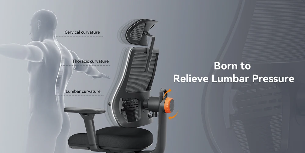 Detalle del soporte lumbar adaptativo y reposacabezas ajustable