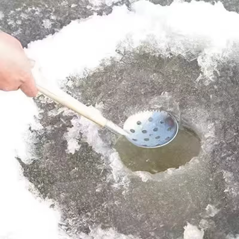Cuchara para pesca en hielo de acero inoxidable con mango de madera - imagen 3