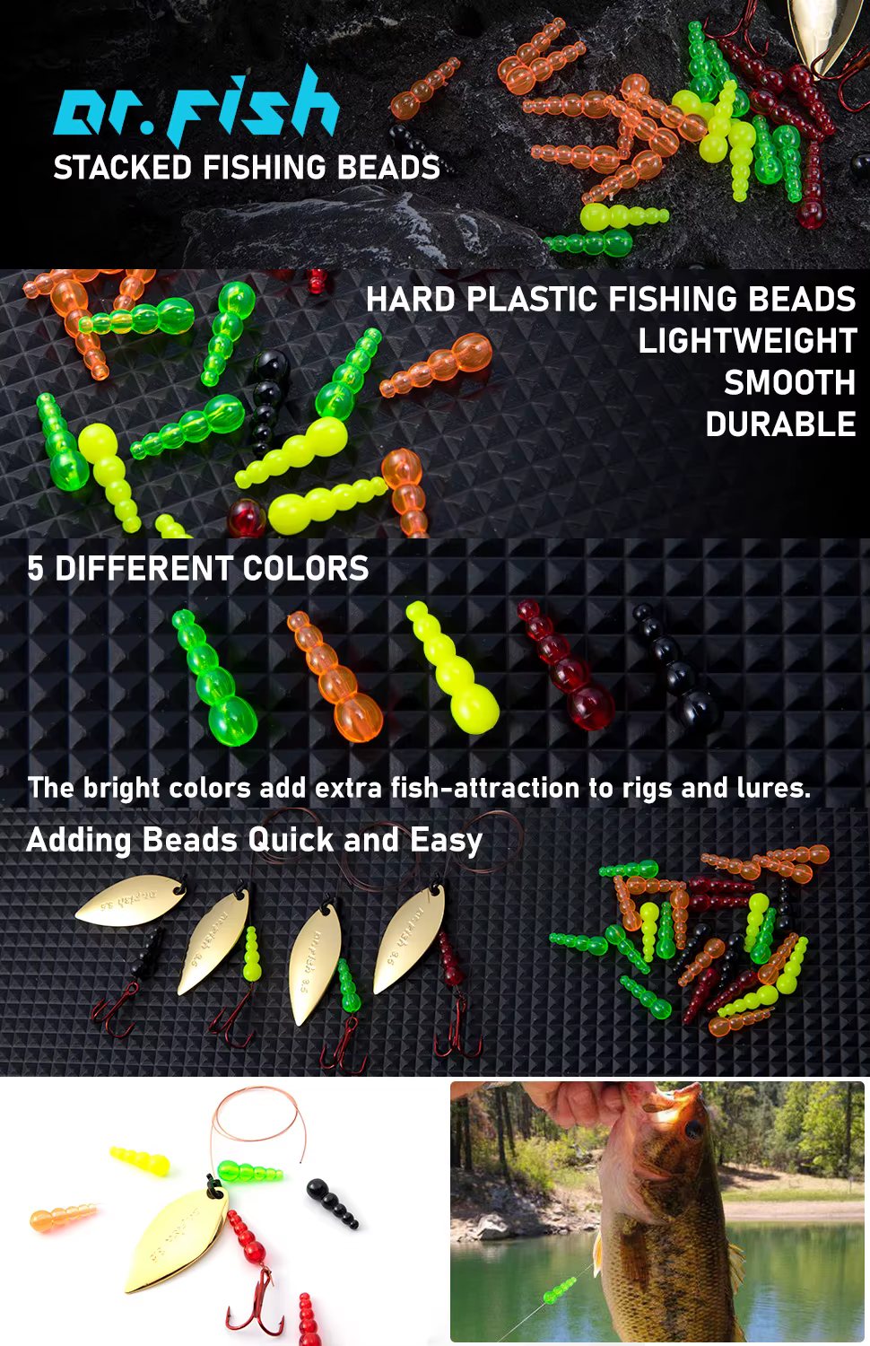 Cuentas de pesca apilables de plástico Dr.Fish en cinco colores