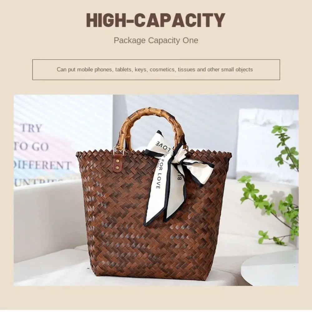 Bolsos de hombro de PP tejido con asa de bambú para mujer - imagen 3