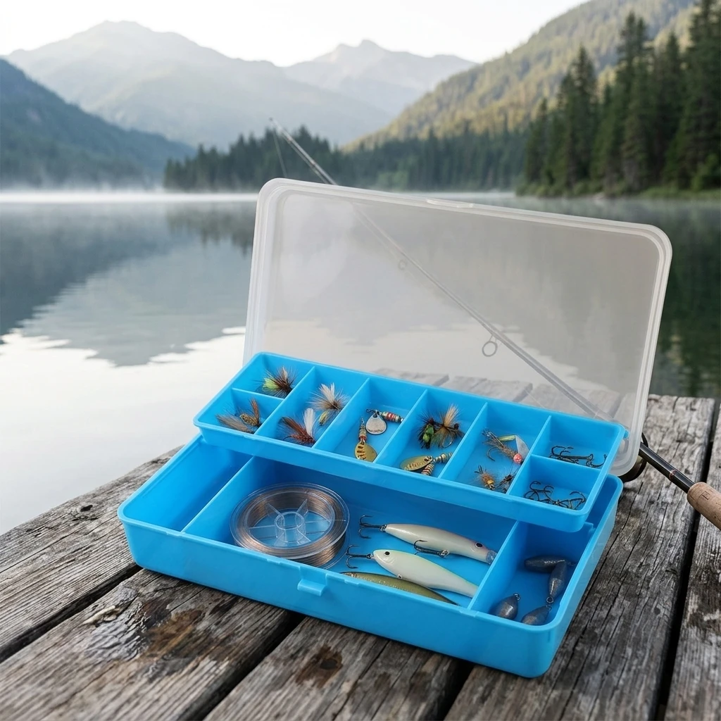Caja de pesca portátil de doble compartimento para señuelos y anzuelos - imagen 5