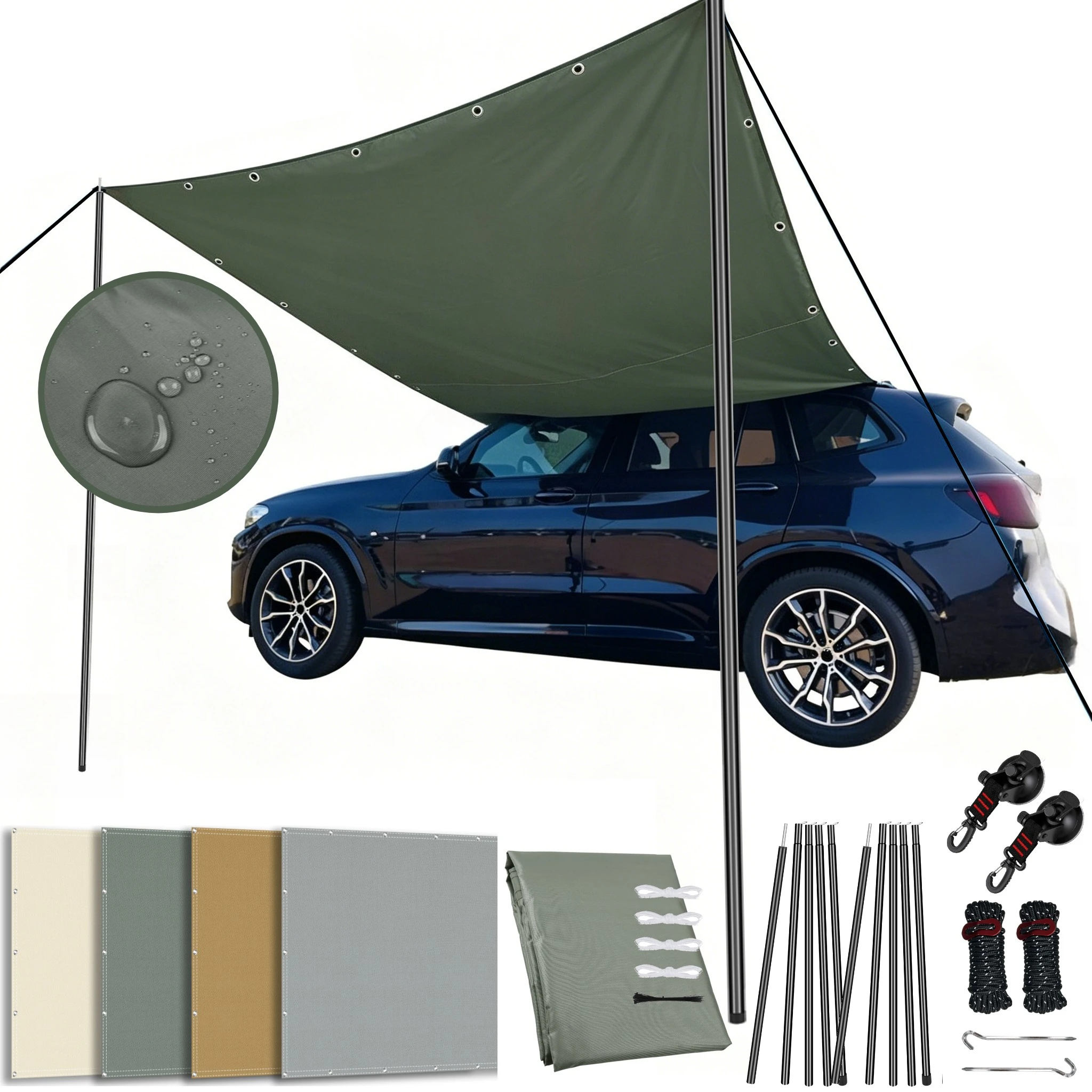 Toldo coche impermeable anti-UV con laterales y postes aluminio