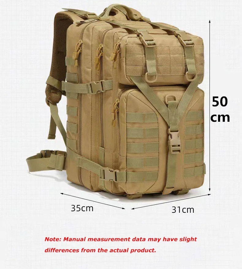 Mochila táctica 45L vista frontal con compartimentos organizados