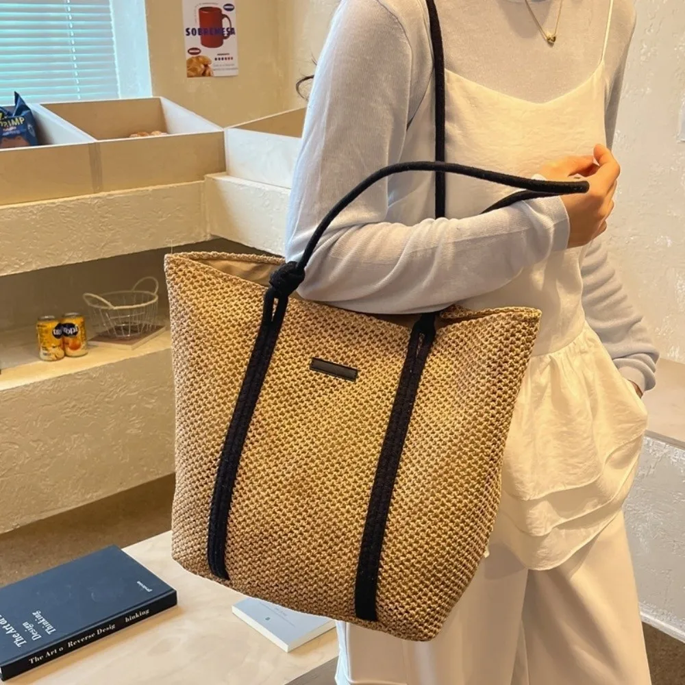 Bolso tote de paja tejido a mano con doble asa y ribete - imagen 3