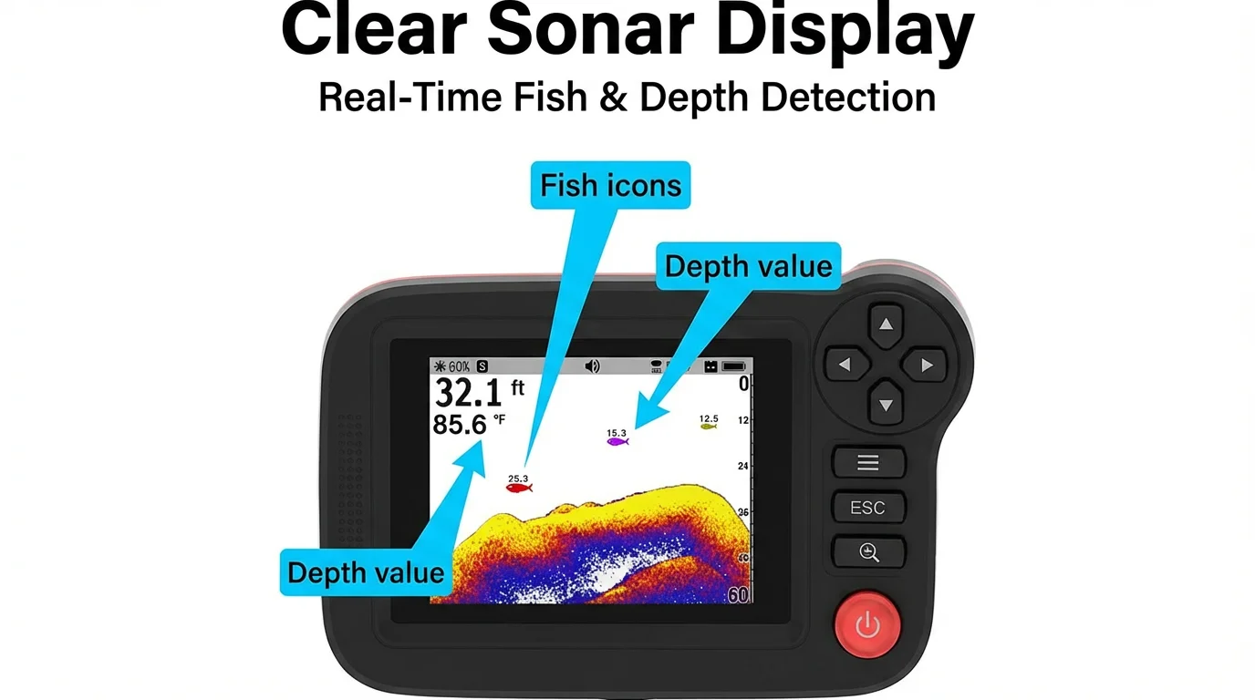 Pantalla del fish finder mostrando lectura de profundidad