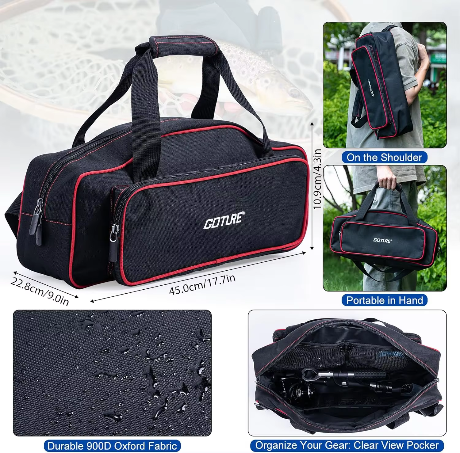 Bolsa de pesca Goture desplegada mostrando capacidad de almacenamiento