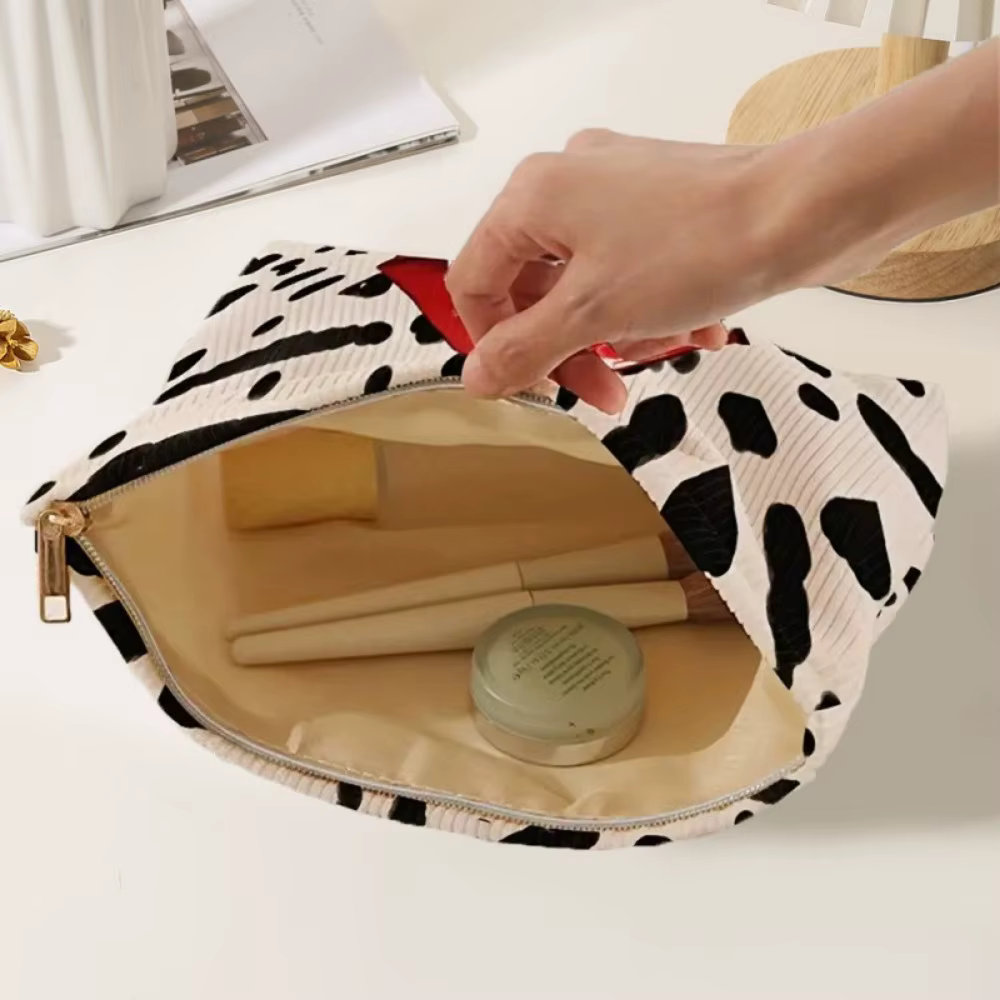 Bolsa maquillaje pana estampado labios cremallera organizador cosméticos ligero - imagen 2