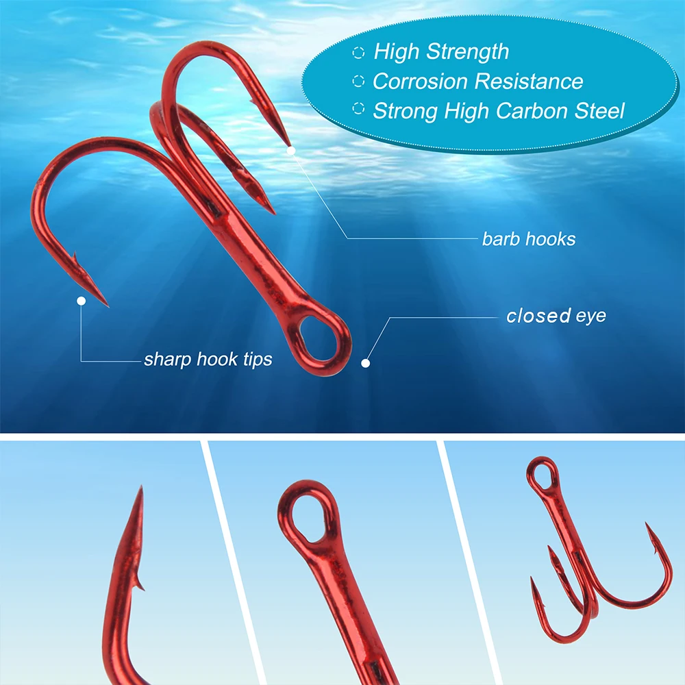 Anzuelos triples rojos acero carbono con anillos divididos para pesca - imagen 5