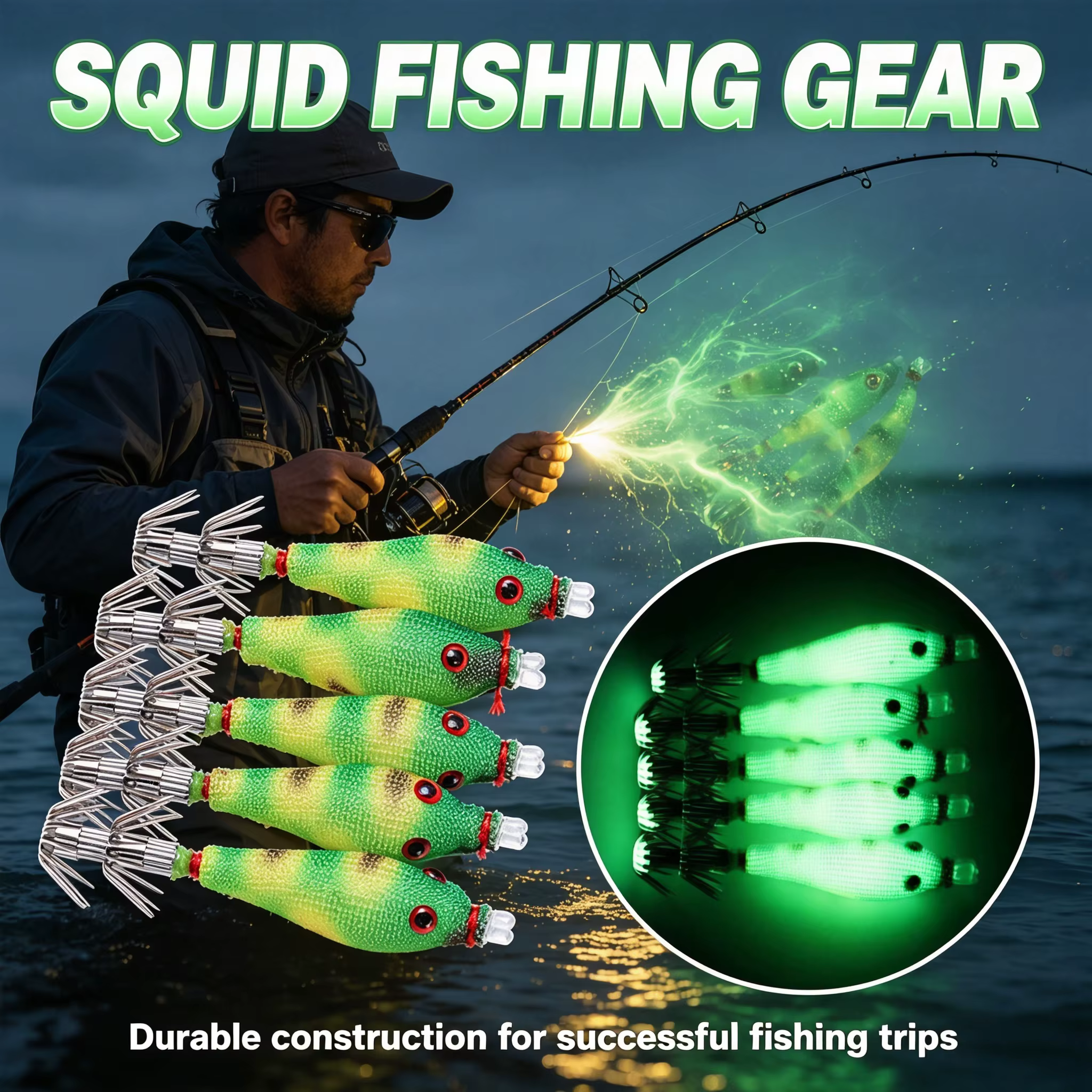 Señuelo Calamar Luminiscente con Anzuelos - Pesca Nocturna