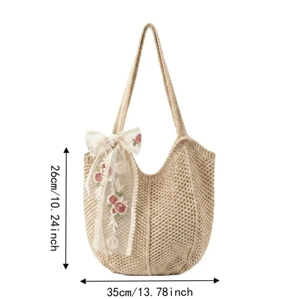 Bolso de hombro tejido bohemio con lazo de encaje
