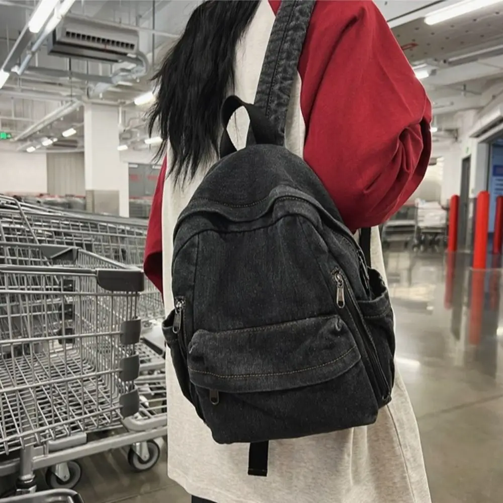 Mochila de mezclilla lavada vintage transpirable gran capacidad con dibujos animados - imagen 4