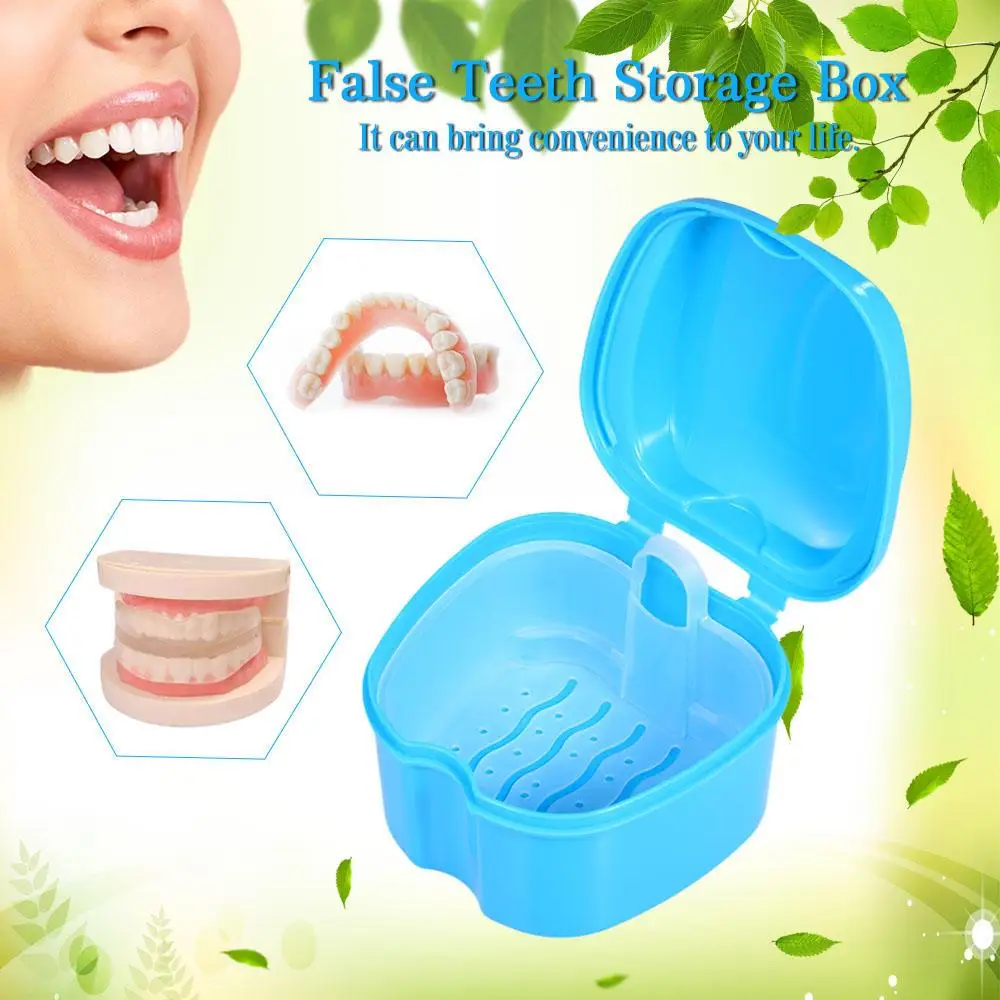 Estuche portátil azul para dentaduras postizas con tapa cerrada
