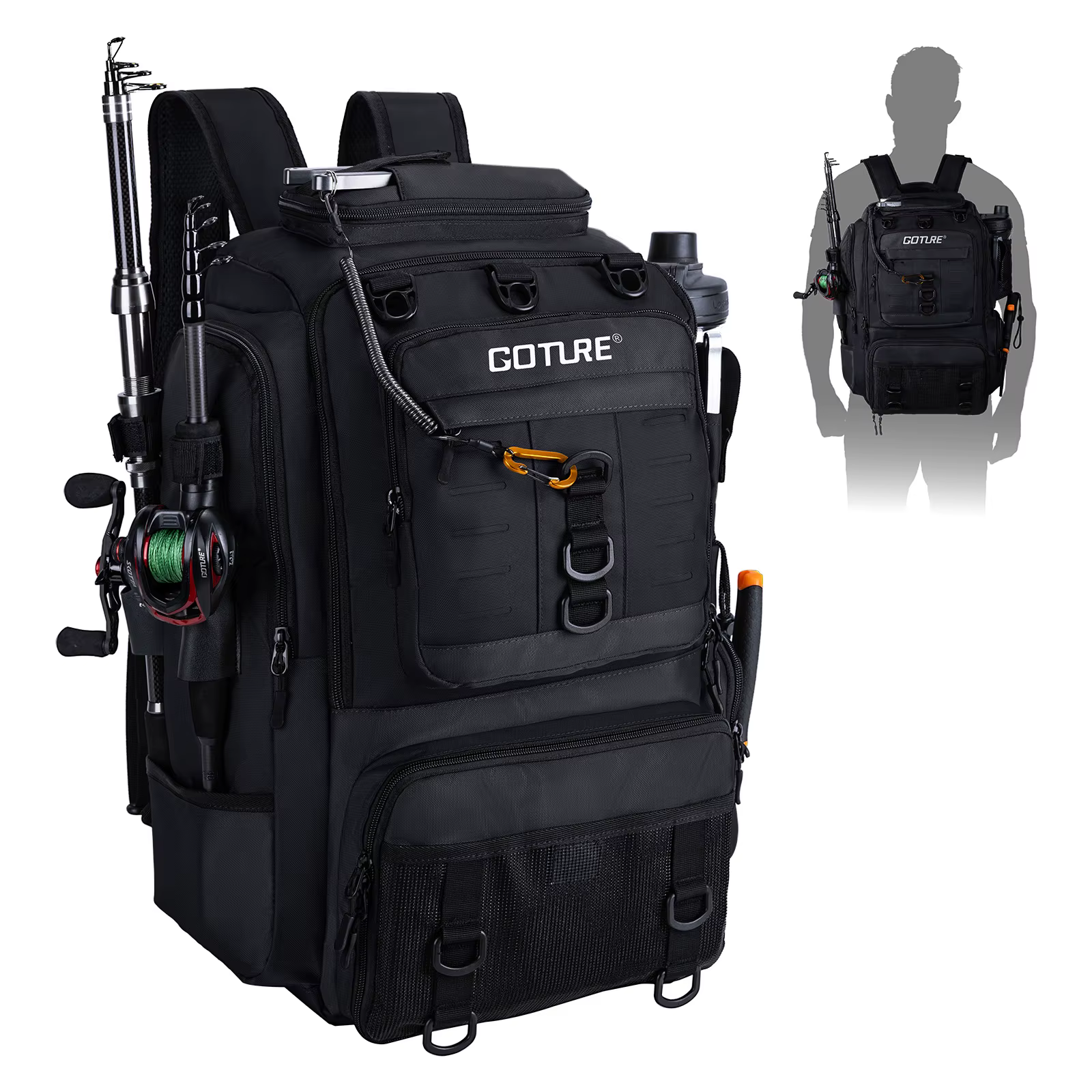 Goture Mochila de pesca con soportes para cañas y organizador señuelos