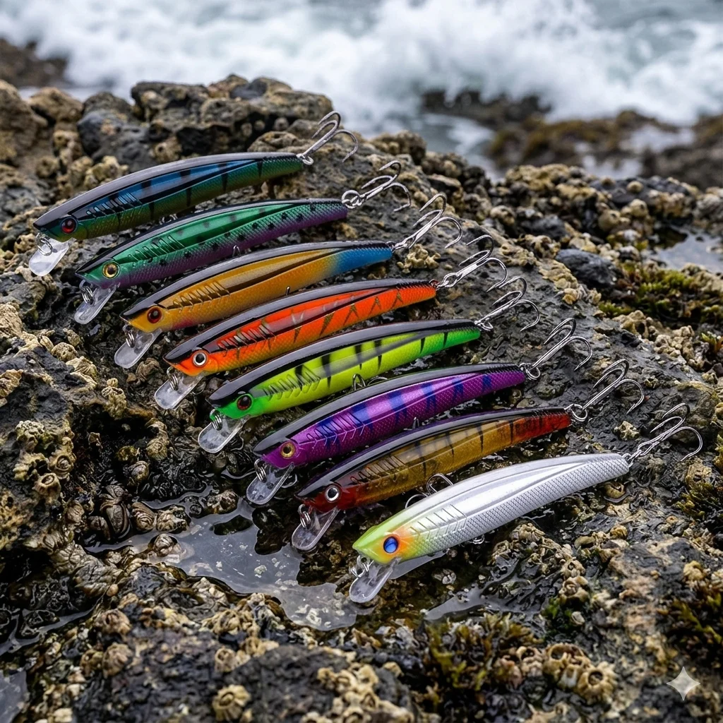 Pack de 8 señuelos Minnow 9.3 cm para pesca de lubina y lucio