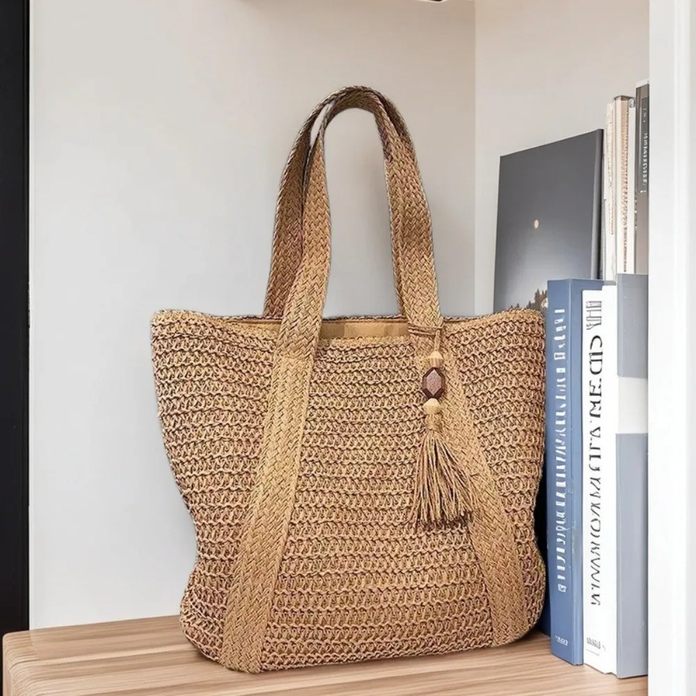 Bolso Tote sólido con borla, gran capacidad, tejido a mano mujer - imagen 5
