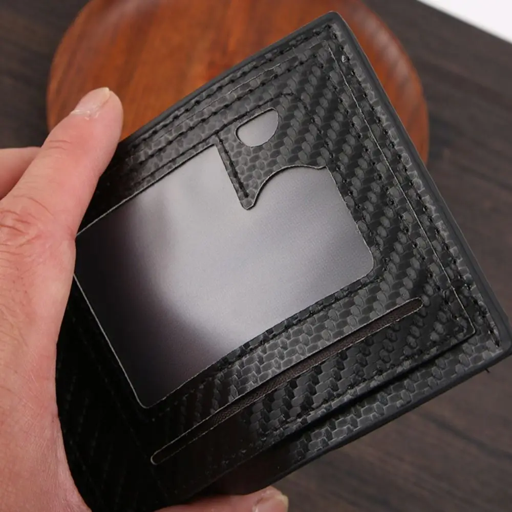 Cartera corta de cuero PU negra con fibra de carbono y doble pliegue - imagen 2