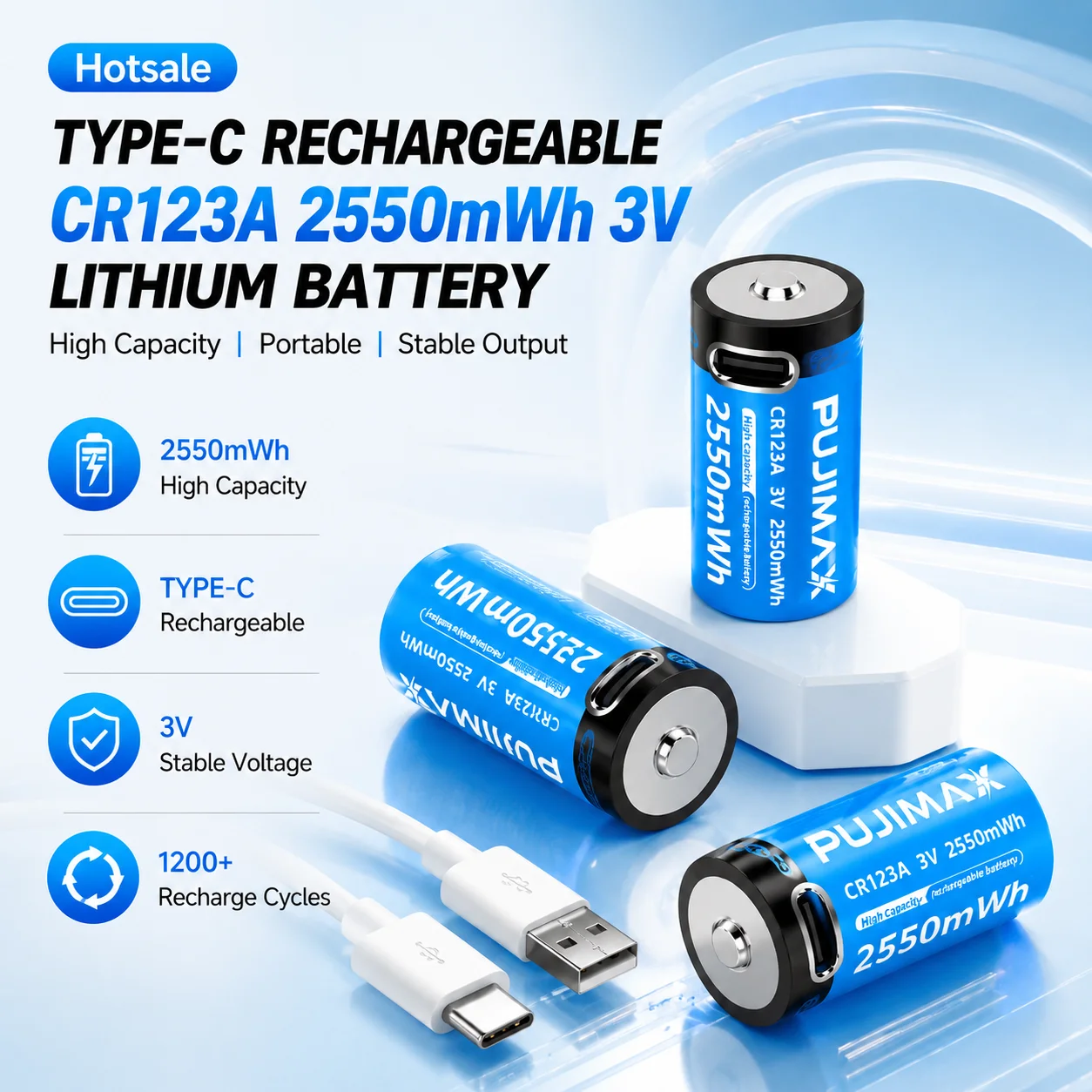 Batería recargable Li-ion Tipo-C CR123A portátil de alta capacidad