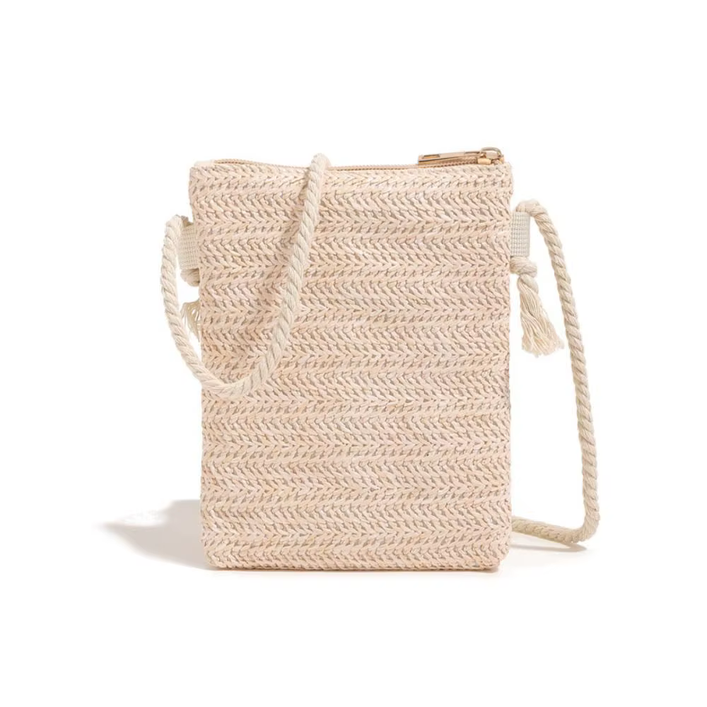 Bolso bandolera de paja tejido cuadrado para móvil