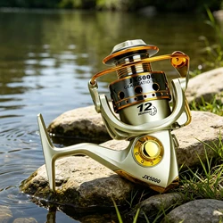 Carrete de spinning FREE FISHER con mango de madera y bobina metálica