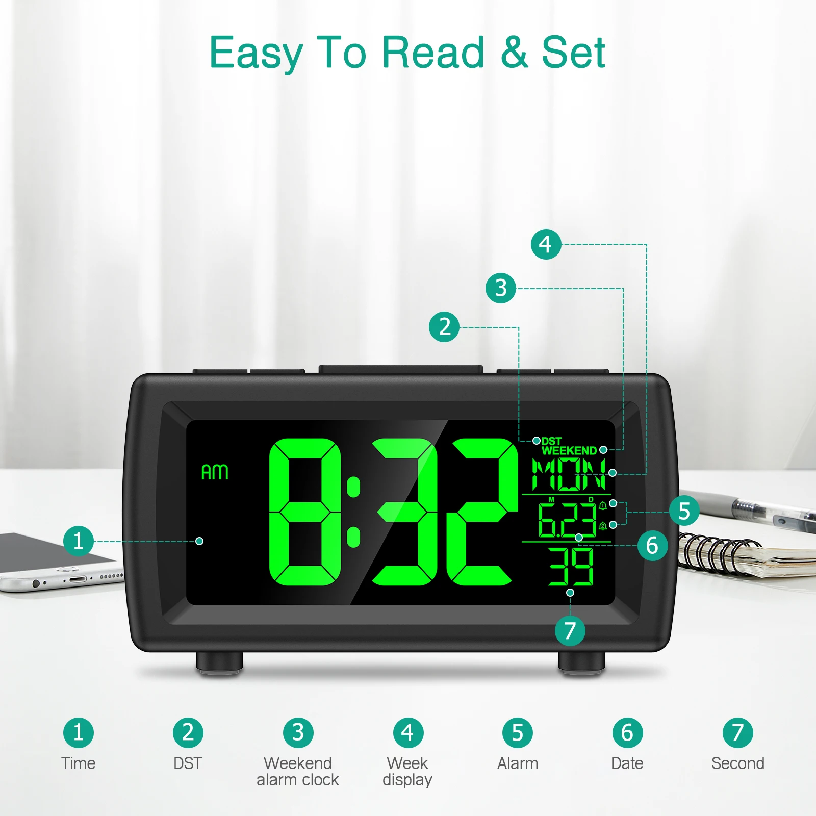 Reloj despertador digital ORIA FM con alarma dual y volumen ajustable - imagen 5