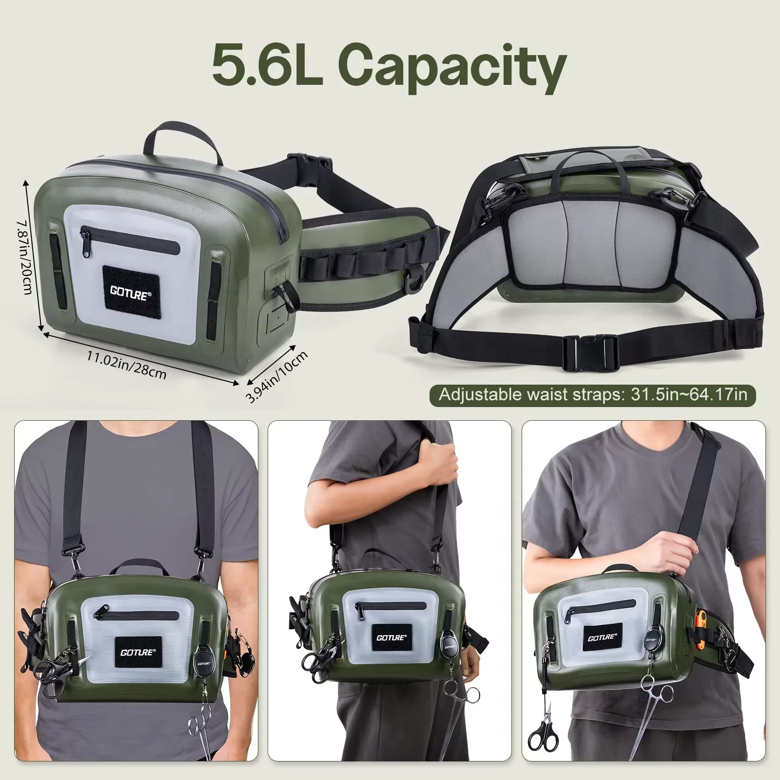 Bolsa Goture con accesorios de pesca organizados dentro