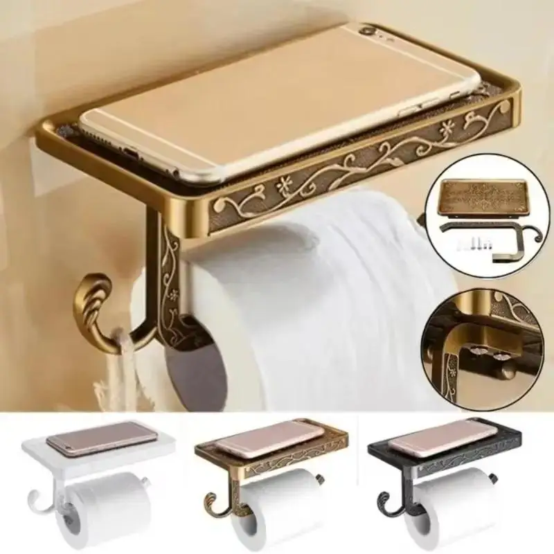Soporte papel higiénico de aleación tallada con estante para móvil - imagen 3